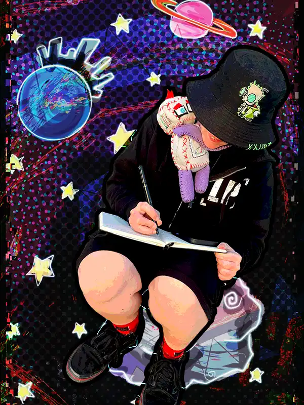 Shorty BryBry sits and sketches in a notebook on an illustrated outer space background.
