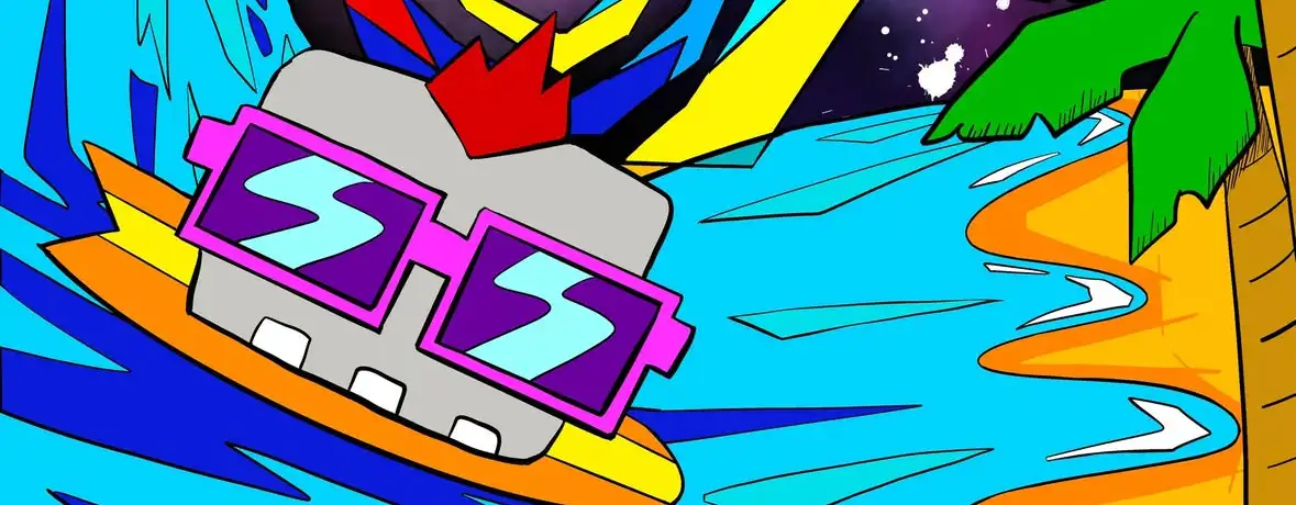 A robot head surfs on a wave near a beach