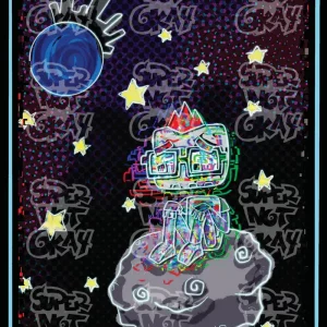 SNO the robot sits on a small meteor floating through space