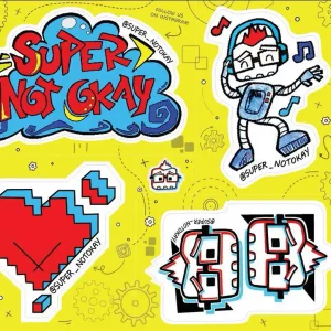 Super Not Okay sticker sheet features 5 stickers of Super Not Okay logos and SNO the robot, all on a yellow sheet.