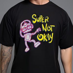 Man wearing a black t-shirt featuring SNO the robot dancing, and 'Super Not Okay' in yellow text